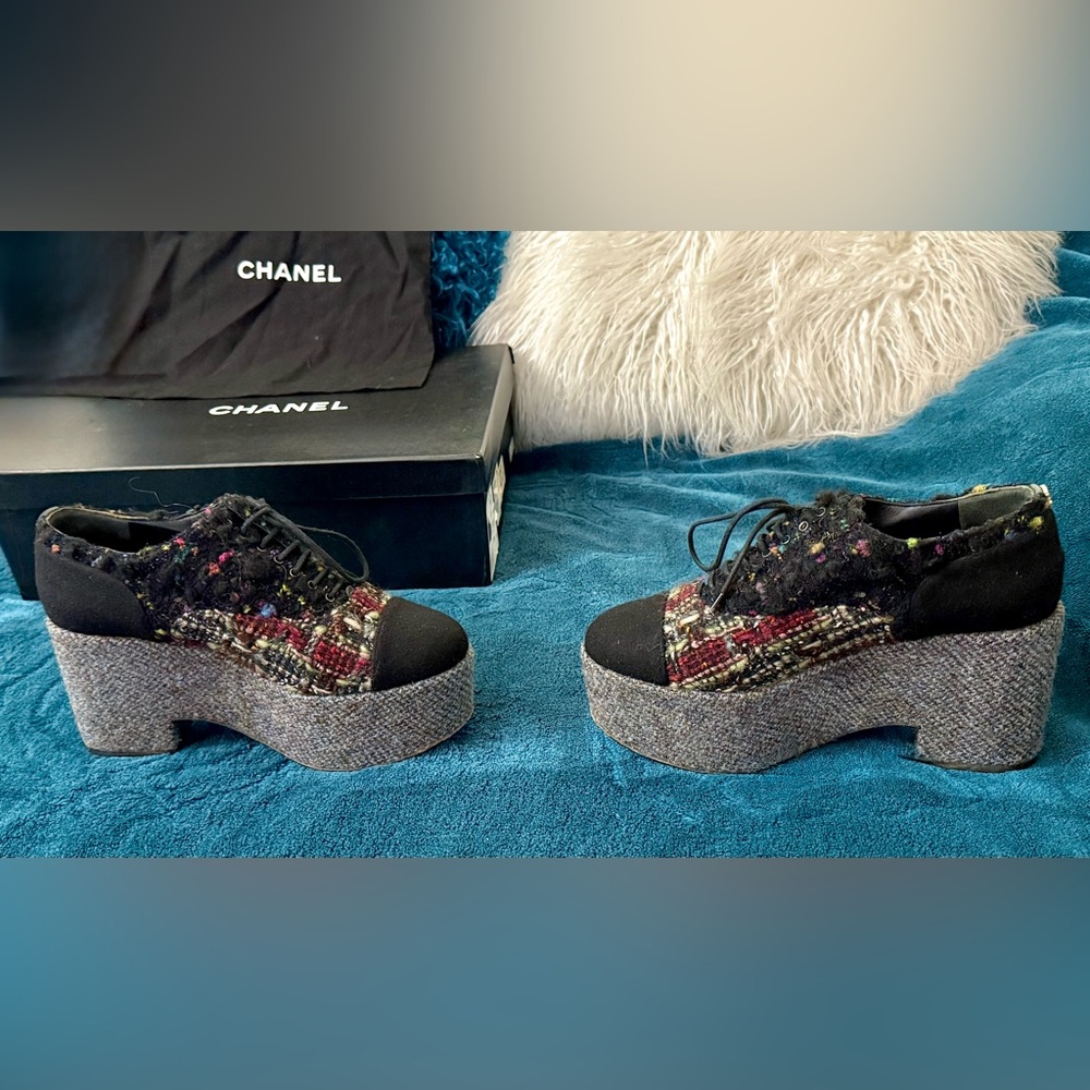 CHANEL 2013 platform plaid tweed loafers / shoes Luxury size EU 38 / US 7.5 - Picture 13 of 17